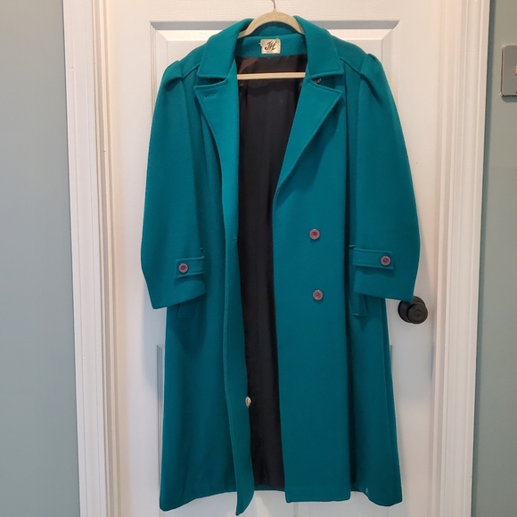 Vintage Union Made wool coat, turquoise,  women's size 14 - Picture 5 of 15